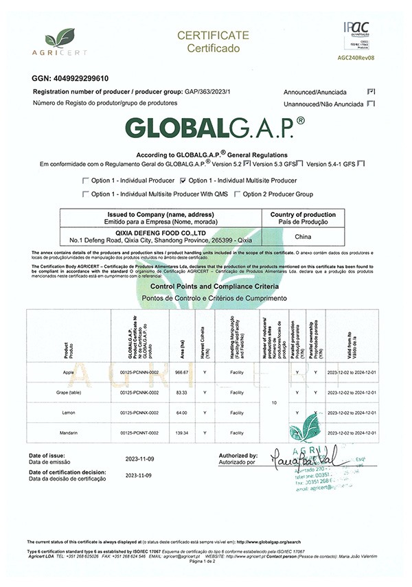 GLOBAL G.A.P.全球良好農(nóng)業(yè)規(guī)范證書